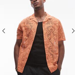 Topman Relaxed Cotton Lace Camp Shirt Orange Short Sleeve Mens M